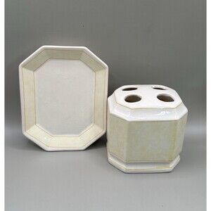 Greenbrier International Ceramic Toothbrush Holder and Soap Dish Set Tan Marble